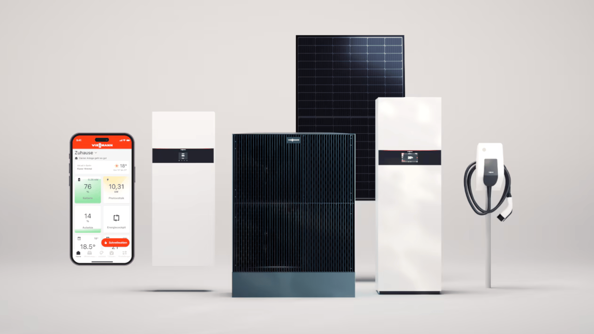 Viessmann Heizsysteme, Solarmodule, Wallbox und Smartphone-App mit Temperaturanzeige.